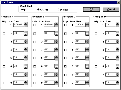 Start Times dialogue box