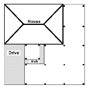 Drawing showing square spacing with sprinklers along the property line